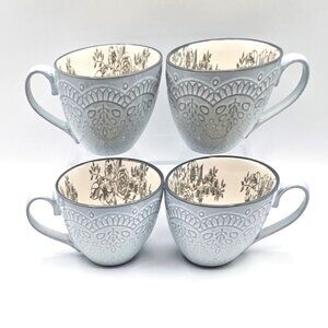 Pfaltzgraff Gabriela Gray Stoneware Embossed Set of 4 Coffee Tea Mugs Cups 12oz